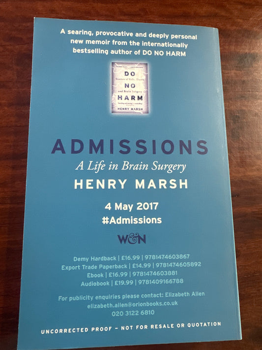 Admissions by Henry Marsh back cover