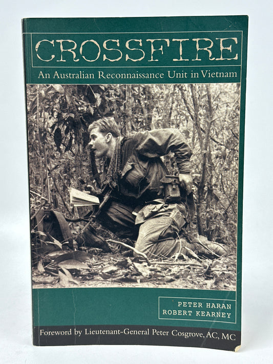 Book cover of 'Crossfire: An Australian Reconnaissance Unit in Vietnam' with a black and white photo of a soldier.