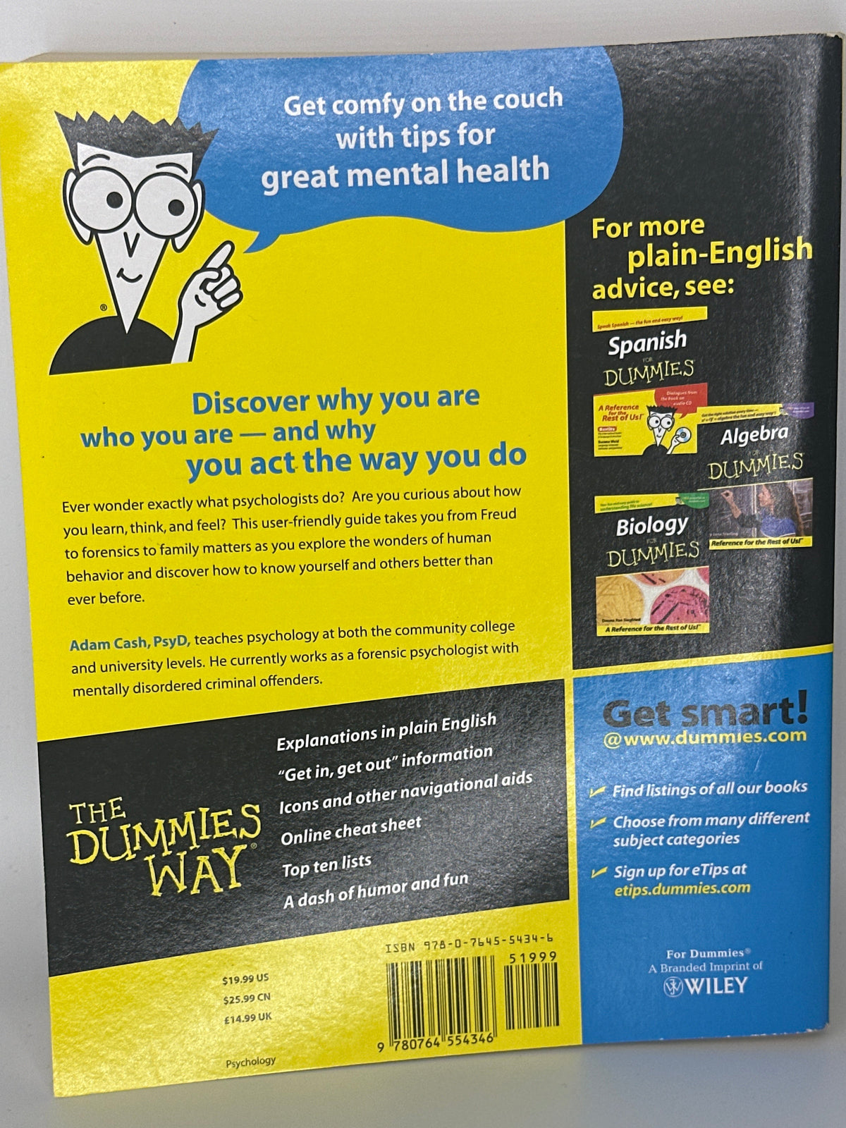 Adam Cash Psychology for Dummies actual back cover used books