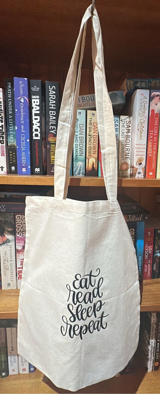 Cream Tote with Black writing Eat Read Sleep Repeat