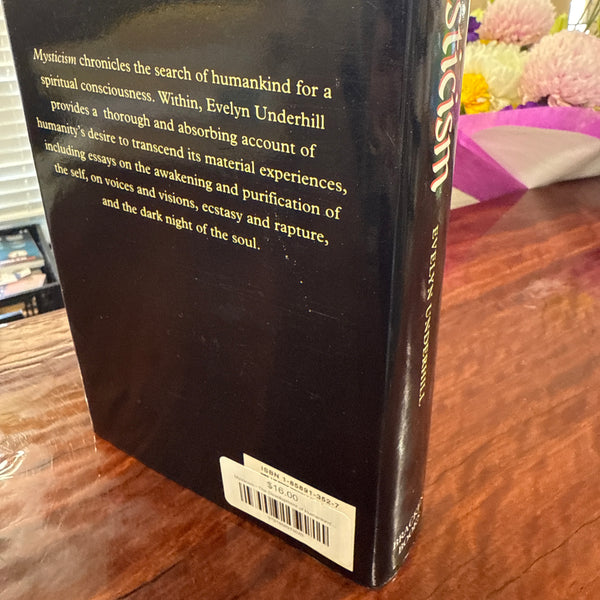 Book titled 'Mysticism' with a cover illustration by Evelyn UNDERHILL back cover