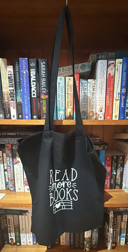 Black Tote with white Writing "Read more books"