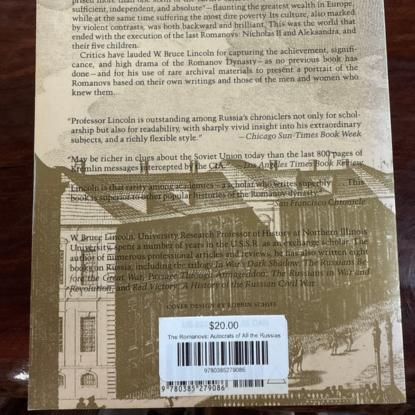 Back cover of 'Romanovs: Autocrats of All the Russias' by W. Bruce Lincoln on a wooden surface.