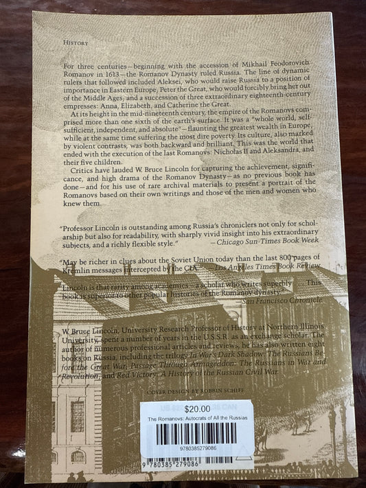 Back cover of 'Romanovs: Autocrats of All the Russias' by W. Bruce Lincoln on a wooden surface.