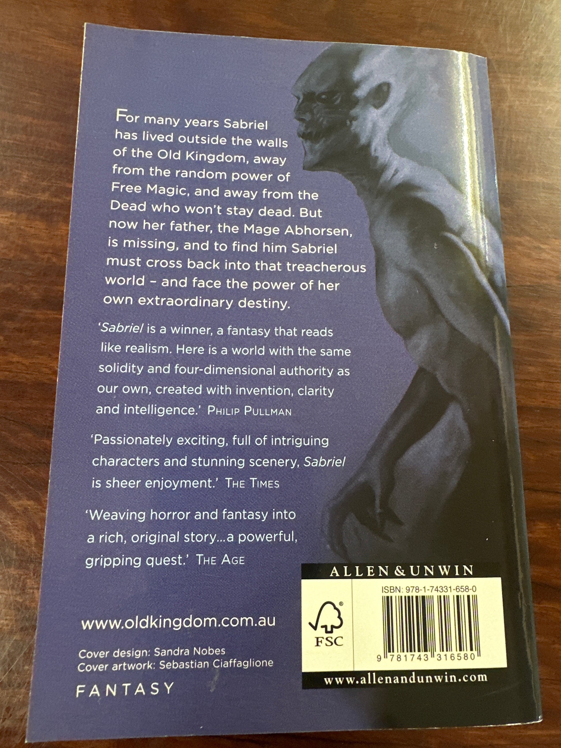 Back cover of Sabriel' by Garth Nix on a wooden surface