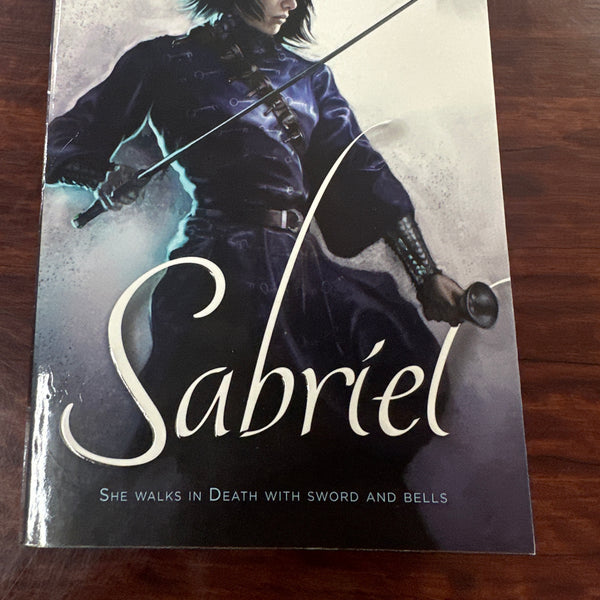 Book cover of 'Sabriel' by Garth Nix on a wooden surface