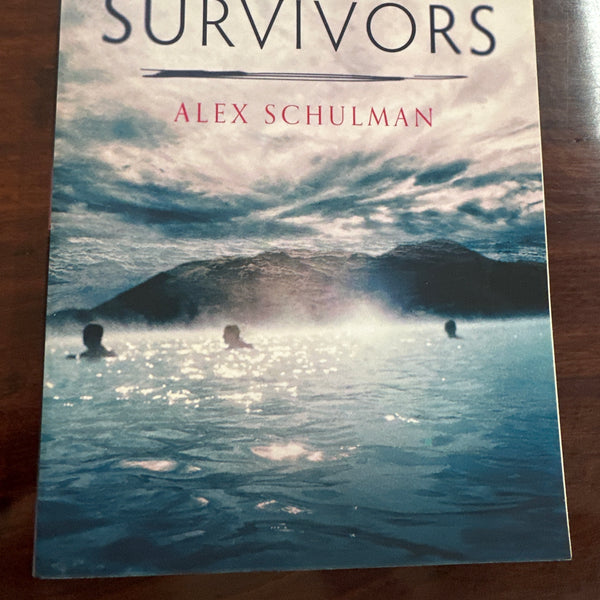 Book cover of 'The Survivors' by Alex Schulman on a wooden surface