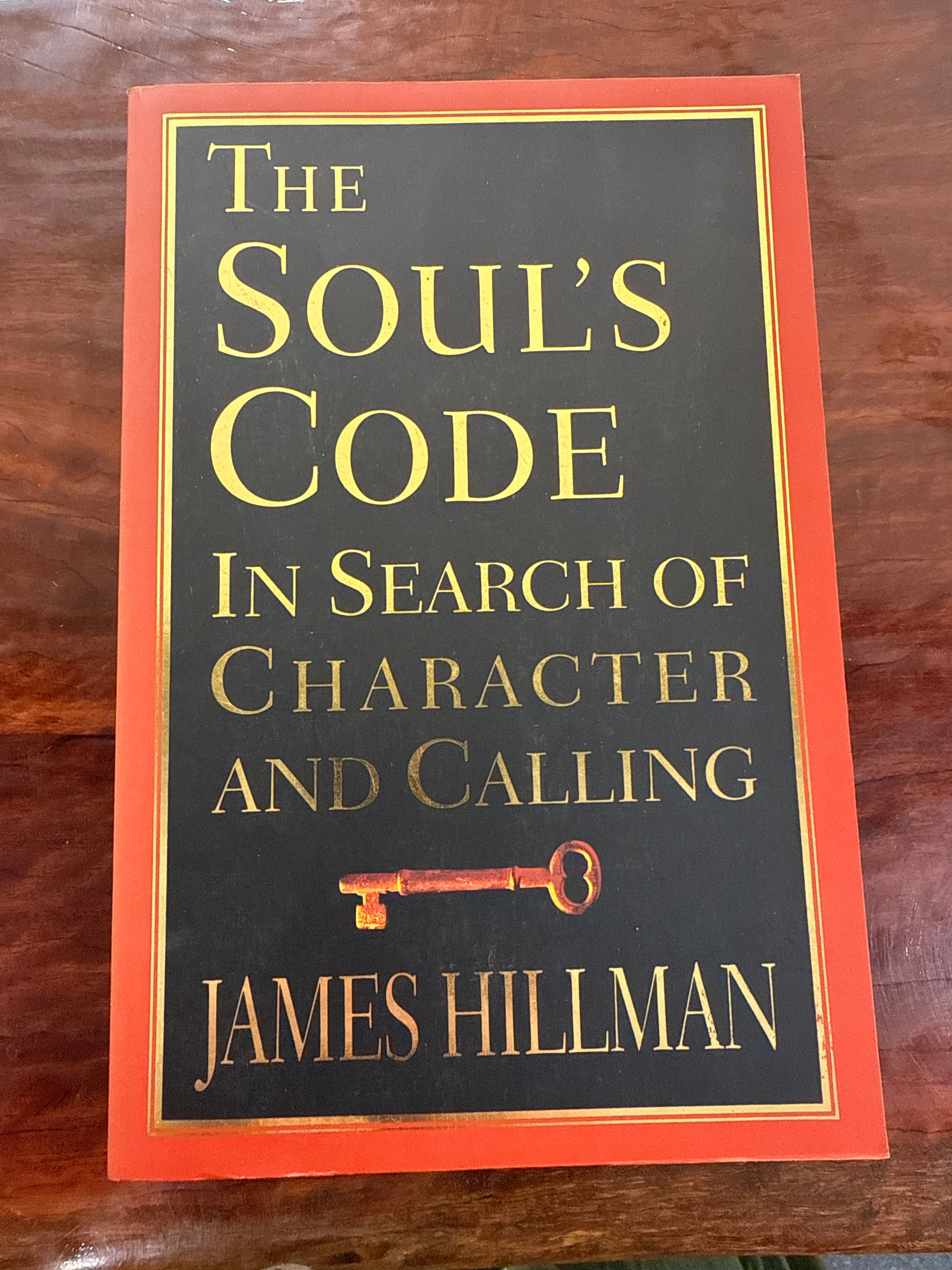 Book titled 'The Soul's Code' by James Hillman on a wooden surface